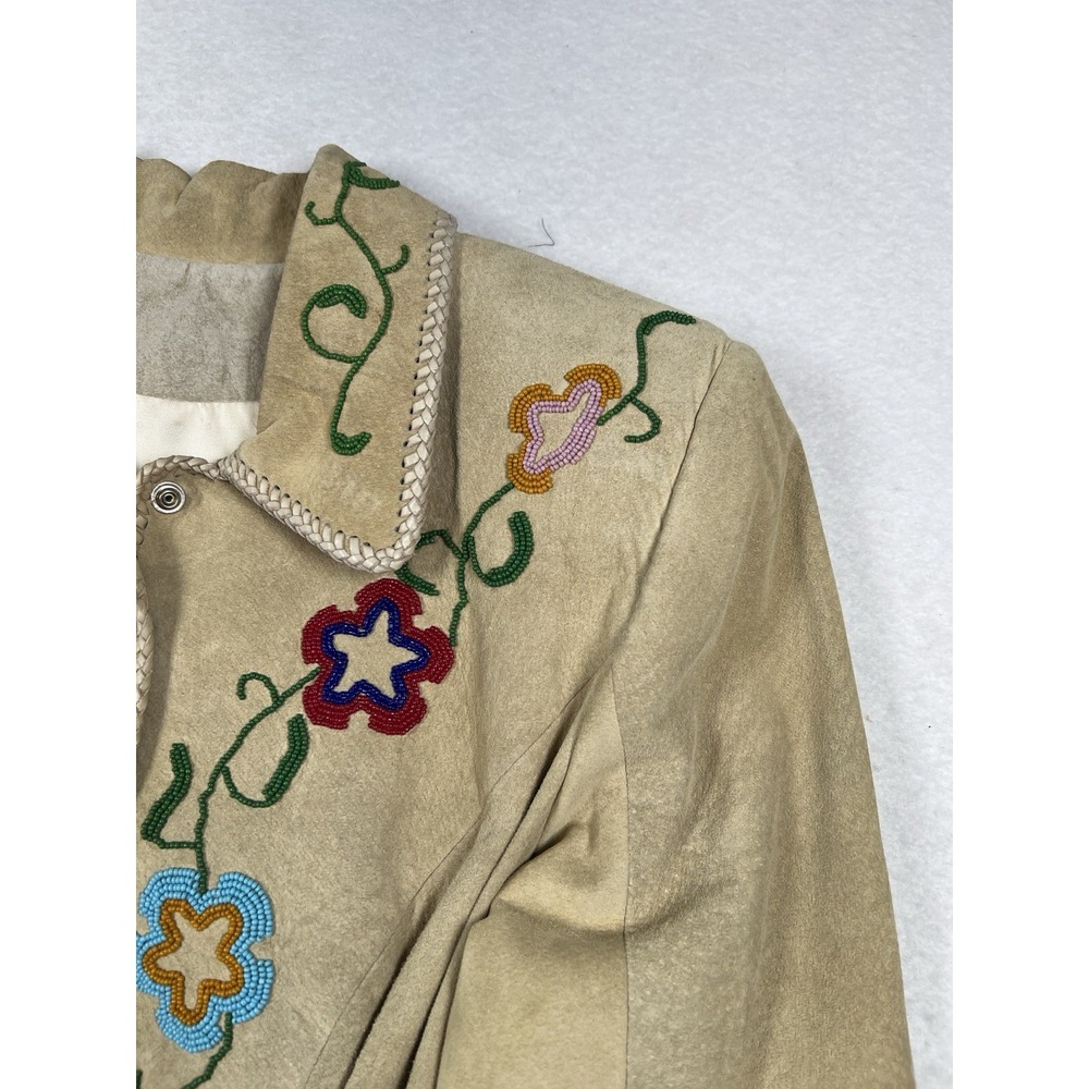 Ren Ellis Santa Fe Beaded Suede Leather Jacket Size 10 Tan Snap Front Lined - Picture 5 of 15